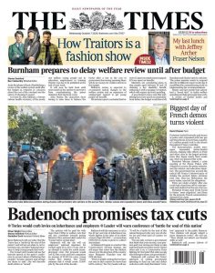 "Badenoch promises tax cuts" reads the headline on the front page of the Times.