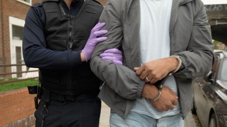 An officer wearing purple plastic gloves holds the arm of a man who is wearing handcuffs. they are walking along a pavement. The man is wearing a grey jacket, white t-shirt, light blue jeans and a ring on his left hand ring finger.