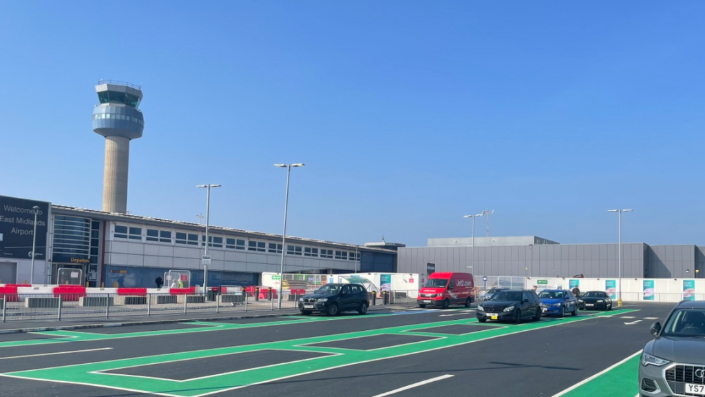 A parking area outside East Midlands Airport terminal