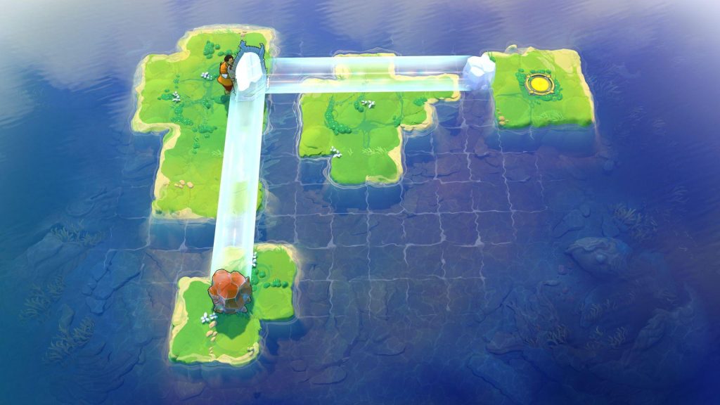 An in-game screenshot of Order of the Sinking Star, showing four green islands on a grid system in blue water. A mirror is in the corner of the top left island, and from it is a blue reflection path. A character is standing by the mirror.