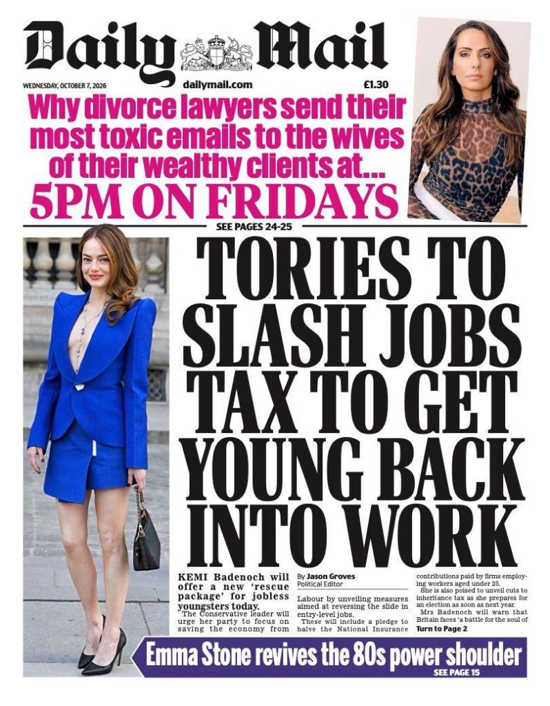 "Tories to slash jobs tax to get young back into work" reads the headline on the front page of the Daily Mail.