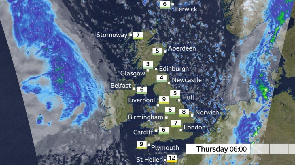 Map of UK showing minimum temperatures for early Thursday morning, ranging between 3 to 9 Celsius for most.