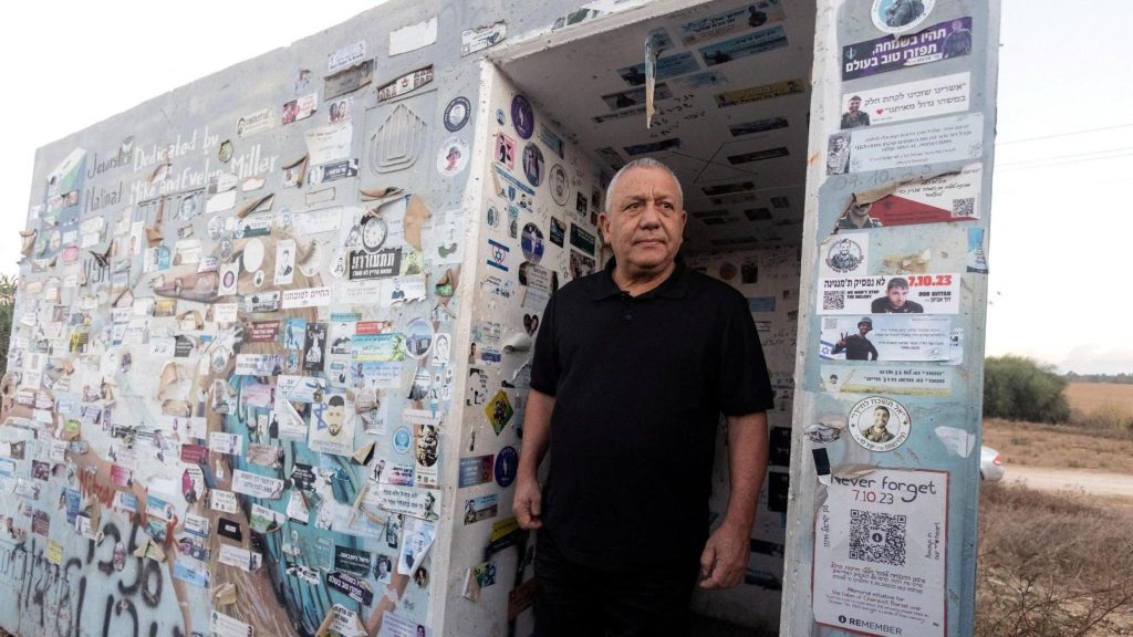 Opposition politician Gadi Eisenkot visits a roadside bomb shelter where Israelis were killed during the Hamas-led 7 October 2023 attack, near Reim, in southern Israel (7 October 2026)