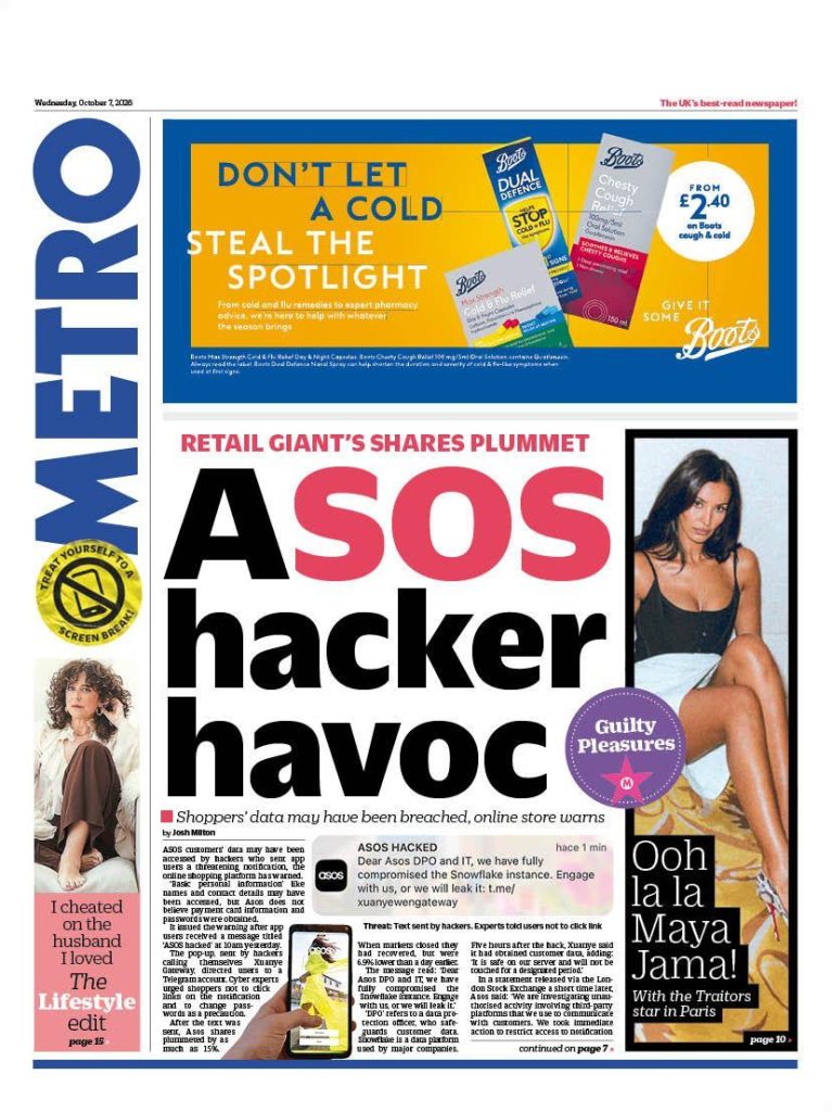 "Asos hacker havoc" reads the headline on the front page of Metro.