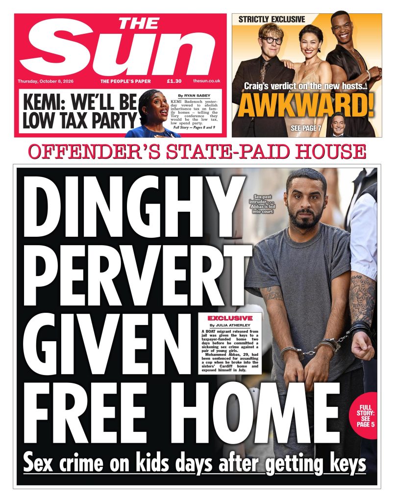 "Dinghy pervert given free home," reads the headline on the front page of the Sun.